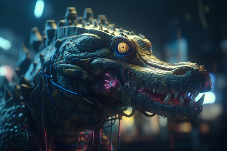 3D rendering of a fantasy dragon in a dark room with lightsの素材