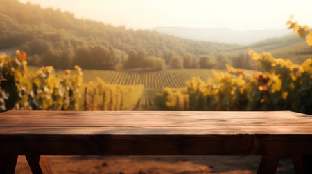 Wooden table in front of vineyard in Tuscany, Italyの素材