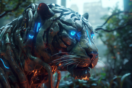 3D rendering of a tiger head glowing in the dark with neon lightsの素材