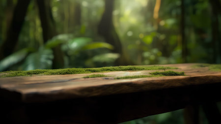 Wooden table with green moss in the forest. Selective focus.の素材