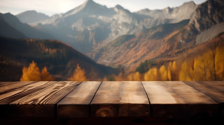 Wooden deck table in front of beautiful autumn landscape. Collage.の素材