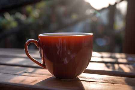 Coffee cup on wooden table in coffee shop, stock photoの素材