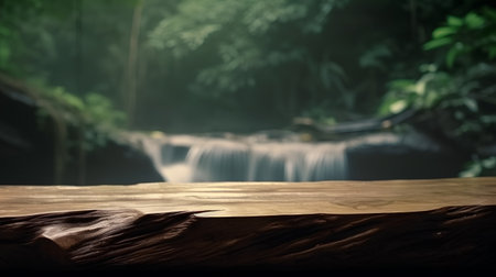 Empty wood table top on blur waterfall background - can be used for display or montage your productsの素材