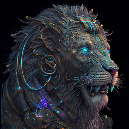 3D Illustration of a Lion in Futuristic Style on Black Backgroundの素材