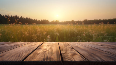Wooden table in front of blurred summer landscape. Collage.の素材