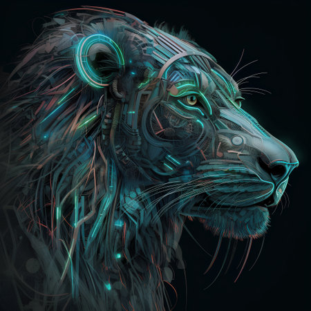 Futuristic female lion head with neon lights. 3D renderingの素材
