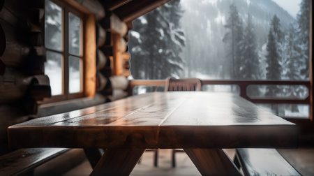 Wooden table in front of a window in the winter forest.の素材