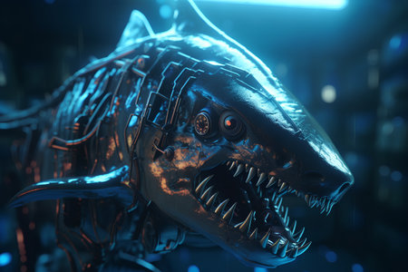 3D rendering of a reflective shark in the dark with neon lightsの素材