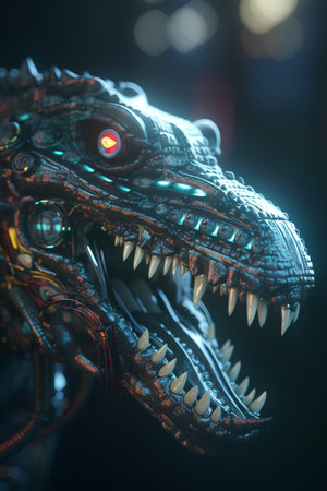 3D rendering of a fantasy dragon head on a dark background.の素材