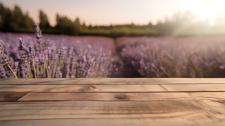Wooden table in front of blurred lavender field at sunset.の素材