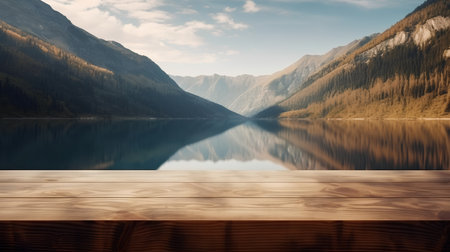 Wooden table in front of a lake and mountains in the backgroundの素材