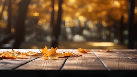 Autumn background with yellow maple leaves on a wooden table in the parkの素材