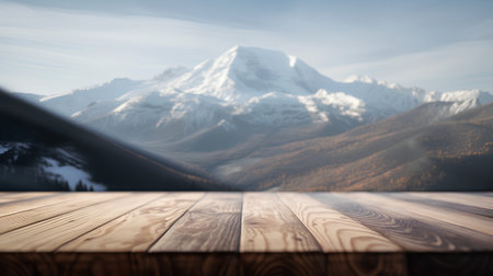 Wood table top on blurred mountain background - can be used for display or montage your productsの素材