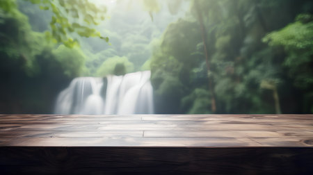 Wooden table top on blur background of waterfall with bokeh image. For product displayの素材
