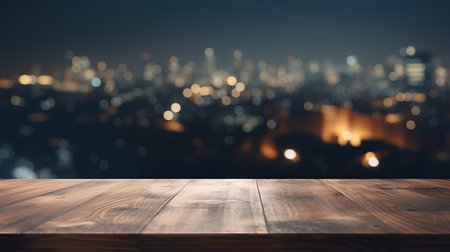 Empty wooden table and blurred city lights bokeh background, product displayの素材