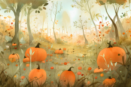 Halloween background with pumpkins in the forest. Watercolor illustrationの素材