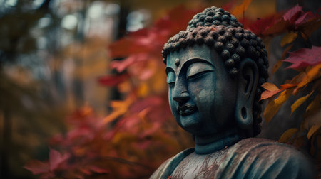 Buddha statue in the autumn forest. Selective focus.の素材