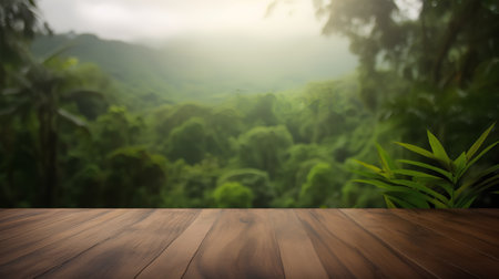 Wooden table top on blurred background of nature with bokeh lightの素材