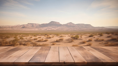 Empty wooden table over desert landscape background, product display montage.の素材