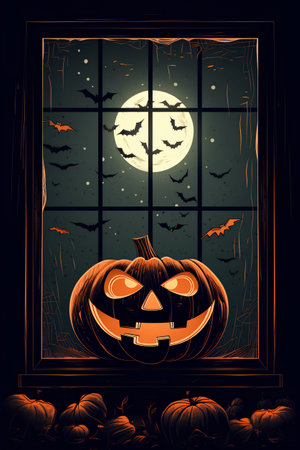 Halloween background with pumpkins, bats and window. Vector illustrationの素材