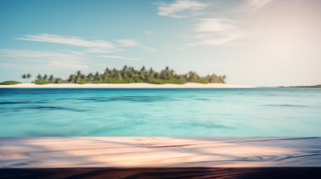 Wooden table top on blur beach background - can be used for display or montage your productsの素材