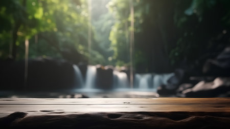 Empty wood table top and blur waterfall background, product display montageの素材