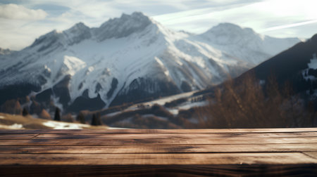 Wooden table in front of snowy mountains. Collage. Selective focus. Toned.の素材