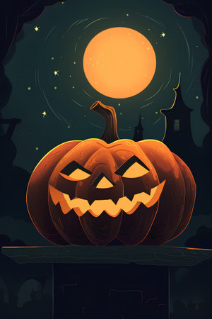 Halloween pumpkin on the background of the night sky. Vector illustrationの素材