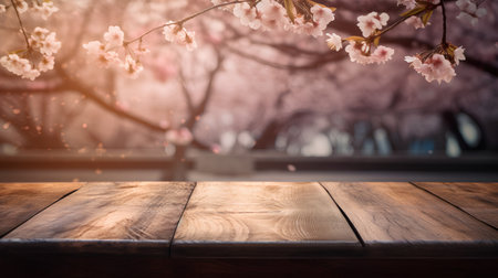 Empty wooden table for product display montages with cherry blossom backgroundの素材