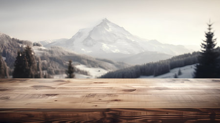 Wooden table in front of winter landscape ( Filtered image processed vintage effect. )の素材