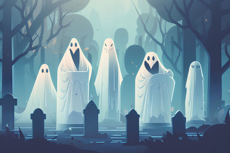 Halloween background with cemetery and ghosts. Vector illustration in cartoon styleの素材