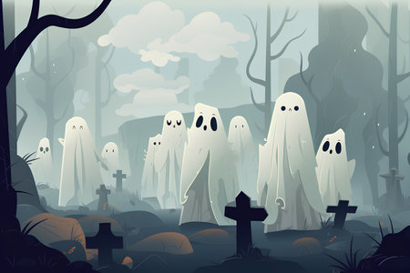 Scary halloween background with ghosts and graves. Vector illustrationの素材