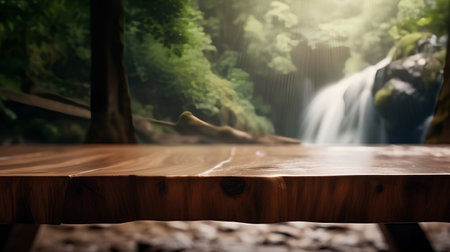 Wooden table in front of blurred waterfall background. Collage.の素材