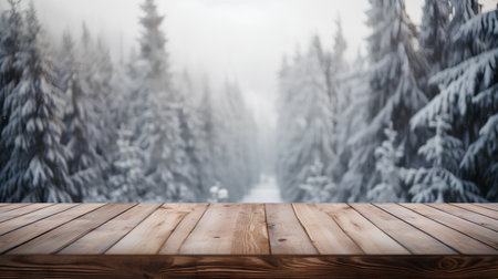 Empty wooden table for product display montages with winter forest background.の素材