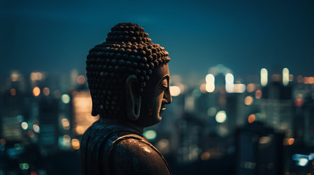 Buddha statue with cityscape background at night,Thailandの素材