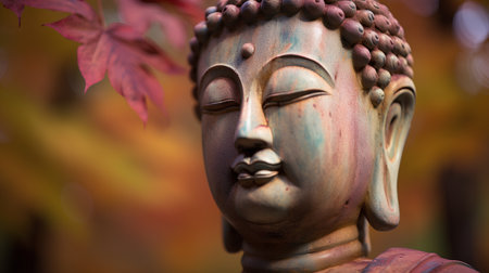 Buddha statue with autumn leaves in the background, close upの素材