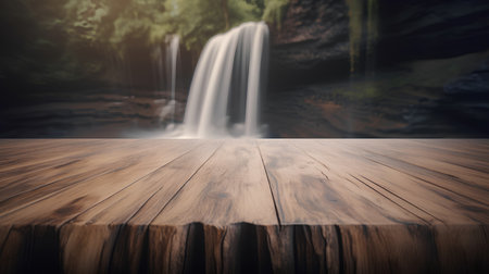 Wooden floor and waterfall in the forest background with copy space.の素材