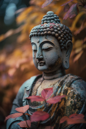 Buddha statue in the garden with autumn leaves. Selective focus.の素材