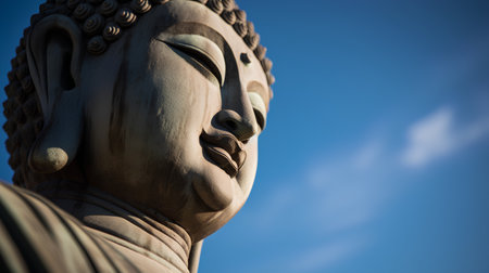 Buddha statue on blue sky background, closeup of photoの素材