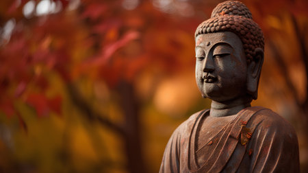 Buddha statue with autumn leaves in the background, copy spaceの素材