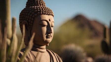 buddha statue in the desert with blue sky - vintage effectの素材
