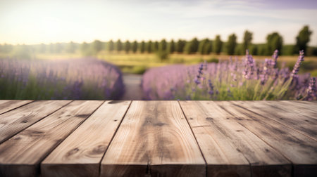 Empty wooden table in front of lavender field. Ready for product display montageの素材