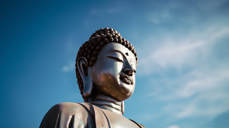 Buddha statue with blue sky and clouds background, Thailand.の素材