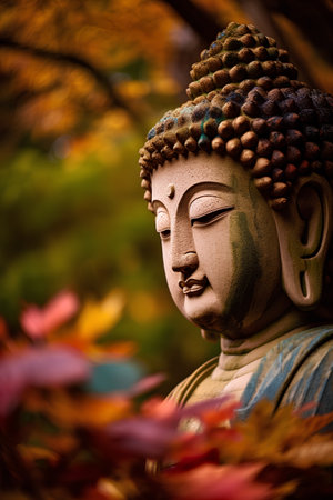 Buddha statue in autumn park. Colorful leaves background.の素材