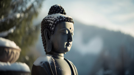 Buddha statue with snow in the mountains. Selective focus.の素材