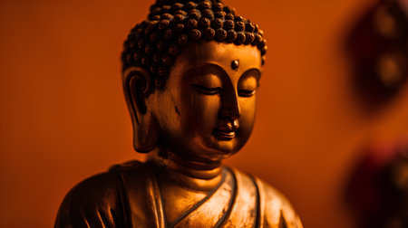 Buddha statue on orange background. Selective focus. Shallow depth of fieldの素材