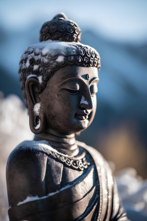 Buddha statue with snow in the background. Selective focus.の素材