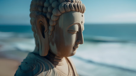 Sculpture of a buddha on the beach.の素材