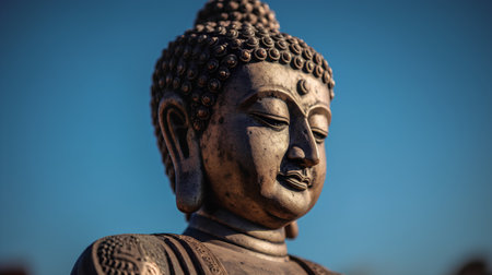 Buddha statue on blue sky background, close up view.の素材
