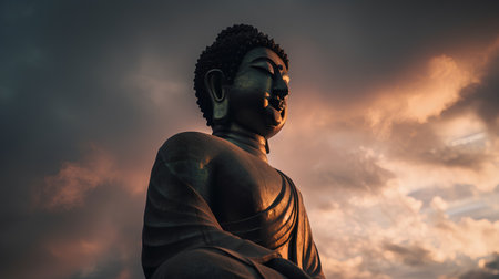 Buddha statue with dramatic sky background. 3d illustration.の素材